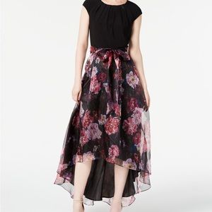 Black floral high low wrap dress